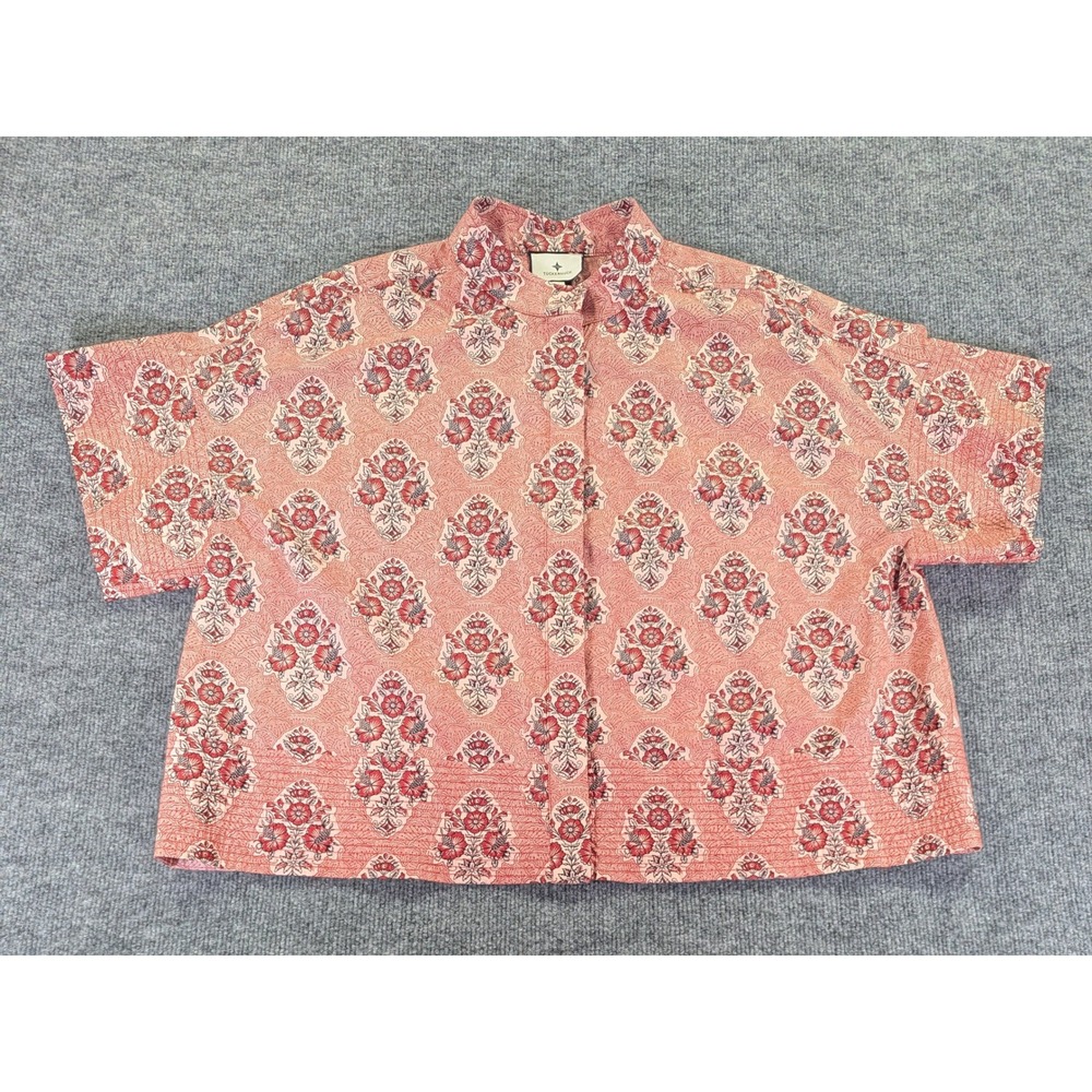 Tuckernuck Womens XL Red Pink Floral Block Print Cotton Short Sleeve Boxy Shirt